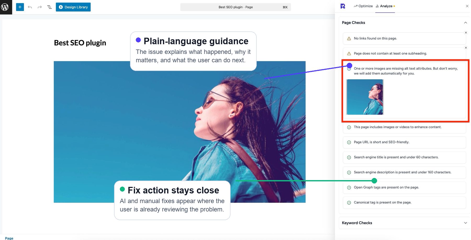 Annotated SureRank analysis drawer explaining a missing meta description in plain language before offering an AI fix.